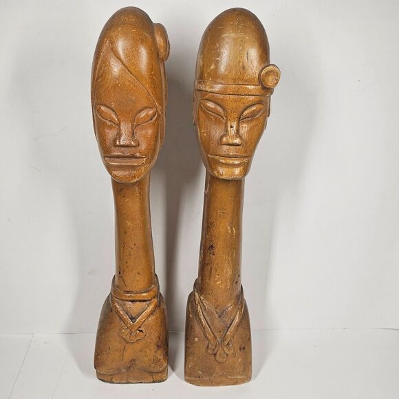 2 Wooden Head Statues Elongated Necks 16" MCM Monkey Pod Wood Philippines Vtg - Picture 1 of 16